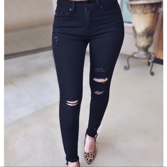 NEW Distressed Denim Ankle Fray Black Skinny Jeans - Picture 2 of 9